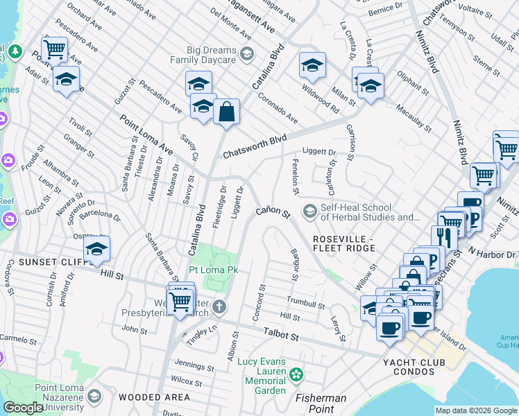 map of restaurants, bars, coffee shops, grocery stores, and more near 3711 Del Mar Avenue in San Diego