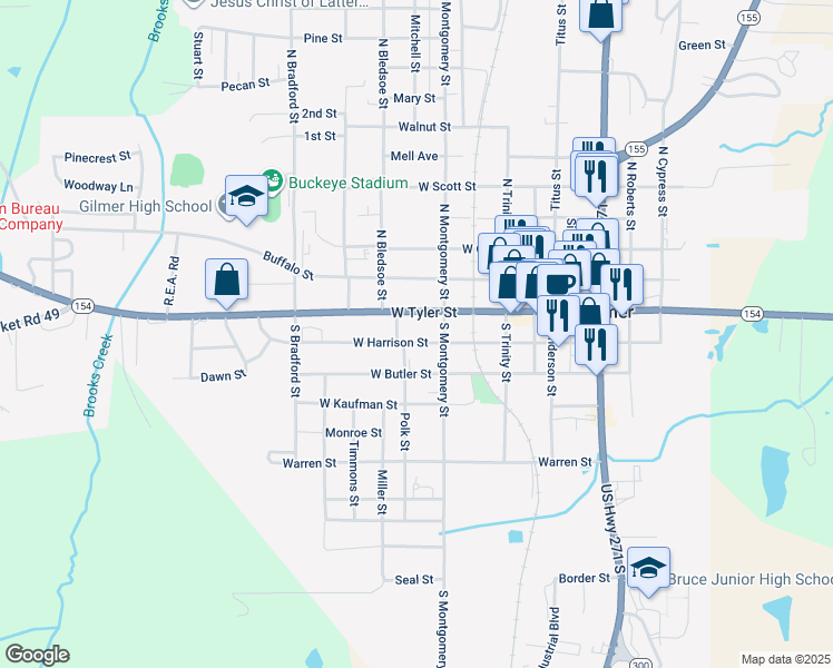 map of restaurants, bars, coffee shops, grocery stores, and more near 521 West Tyler Street in Gilmer