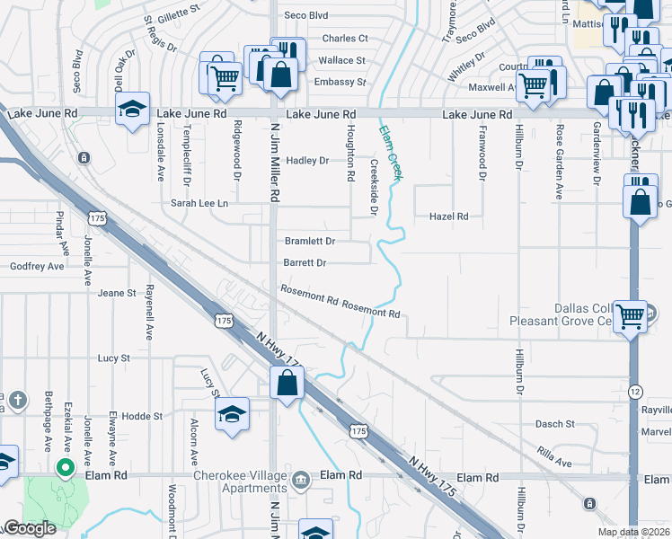 map of restaurants, bars, coffee shops, grocery stores, and more near 7221 Barrett Drive in Dallas