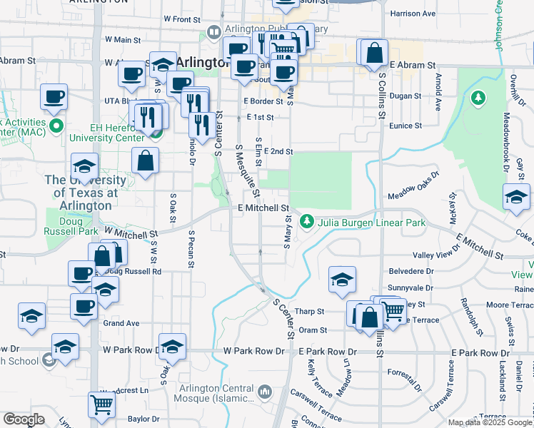 map of restaurants, bars, coffee shops, grocery stores, and more near 811 South Mesquite Street in Arlington