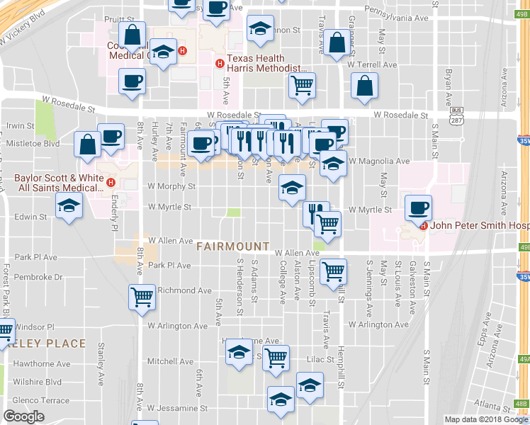 map of restaurants, bars, coffee shops, grocery stores, and more near 1421 South Adams Street in Fort Worth