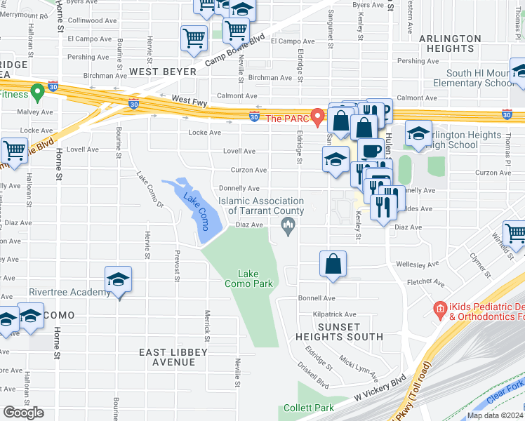 map of restaurants, bars, coffee shops, grocery stores, and more near 4936 Geddes Avenue in Fort Worth