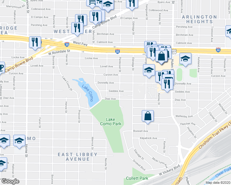 map of restaurants, bars, coffee shops, grocery stores, and more near 4936 Geddes Avenue in Fort Worth