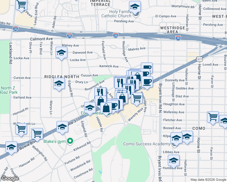 map of restaurants, bars, coffee shops, grocery stores, and more near 6308 Greenway Road in Fort Worth