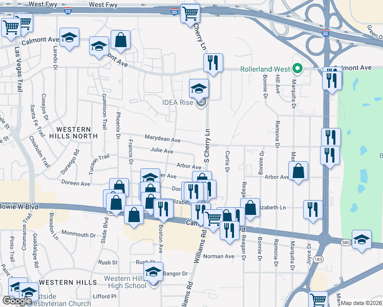 map of restaurants, bars, coffee shops, grocery stores, and more near 3104 Karen Street in Fort Worth