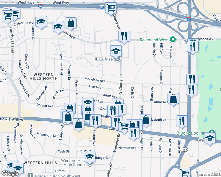 map of restaurants, bars, coffee shops, grocery stores, and more near 3104 Karen Street in Fort Worth