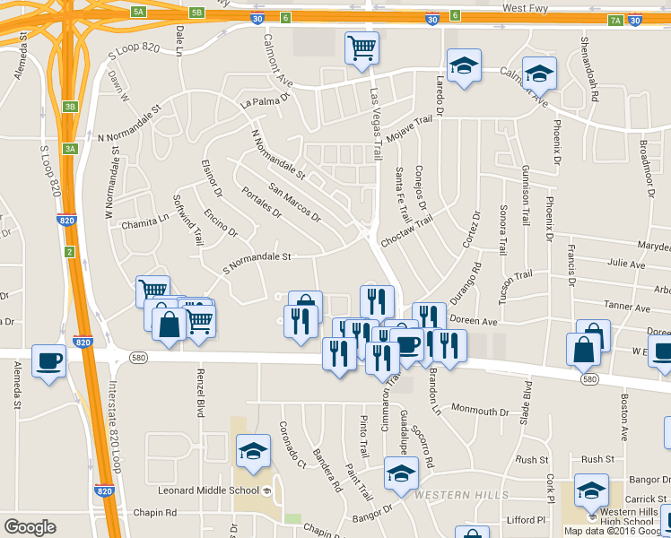 map of restaurants, bars, coffee shops, grocery stores, and more near 8603 South Normandale Street in Fort Worth