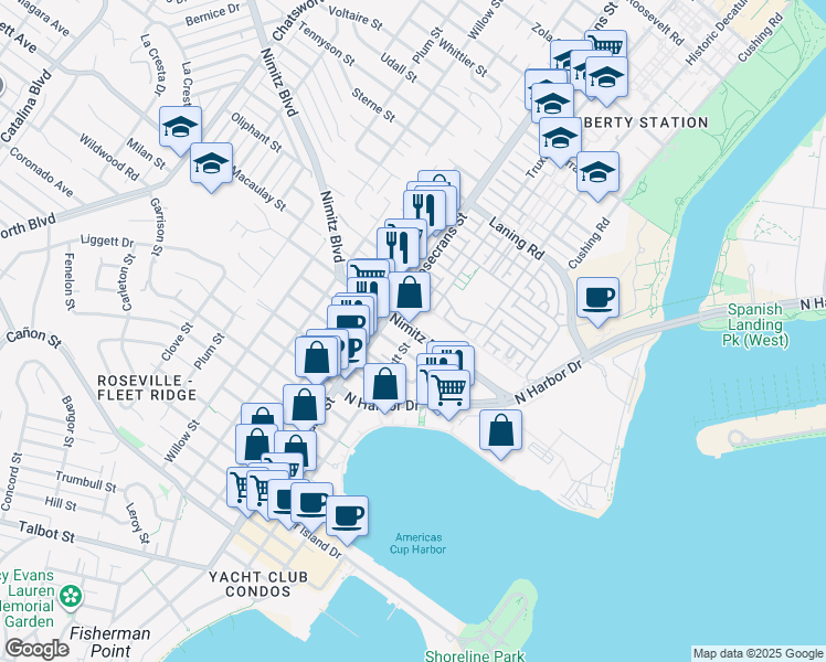 map of restaurants, bars, coffee shops, grocery stores, and more near 2910 Nimitz Boulevard in San Diego