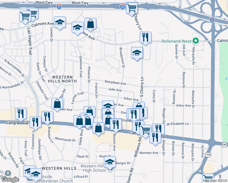 map of restaurants, bars, coffee shops, grocery stores, and more near 8111 Julie Avenue in Fort Worth