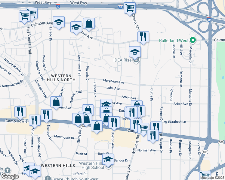 map of restaurants, bars, coffee shops, grocery stores, and more near 8109 Julie Avenue in Fort Worth