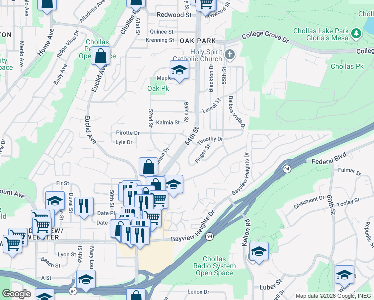 map of restaurants, bars, coffee shops, grocery stores, and more near 2151 54th Street in San Diego