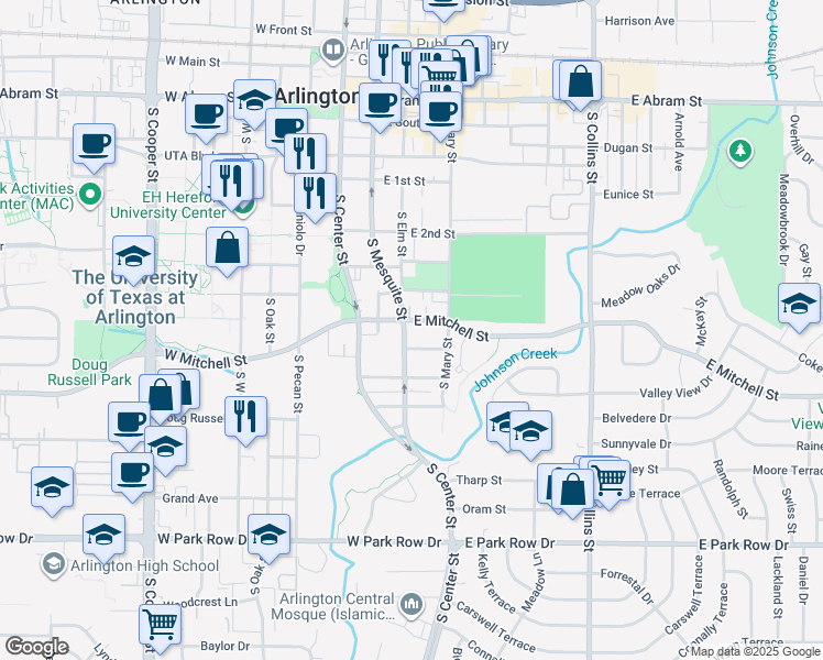 map of restaurants, bars, coffee shops, grocery stores, and more near 811 South Mesquite Street in Arlington