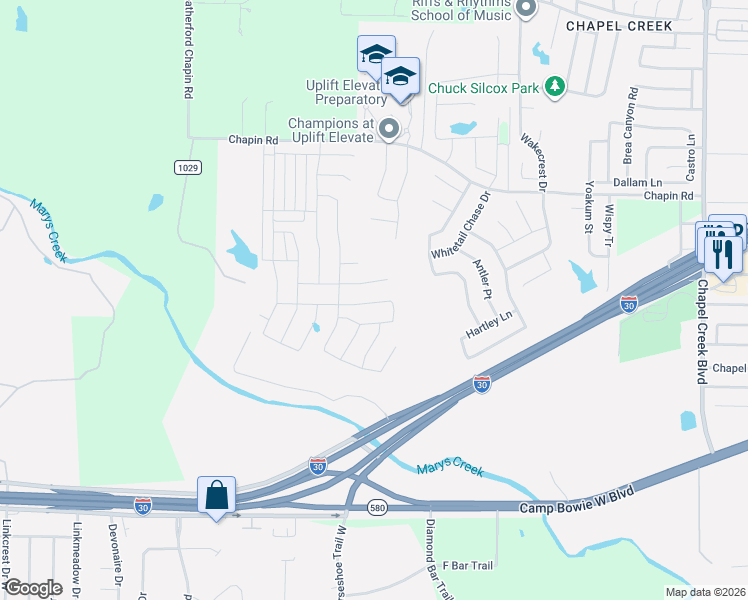 map of restaurants, bars, coffee shops, grocery stores, and more near Tamarisk Drive in Fort Worth