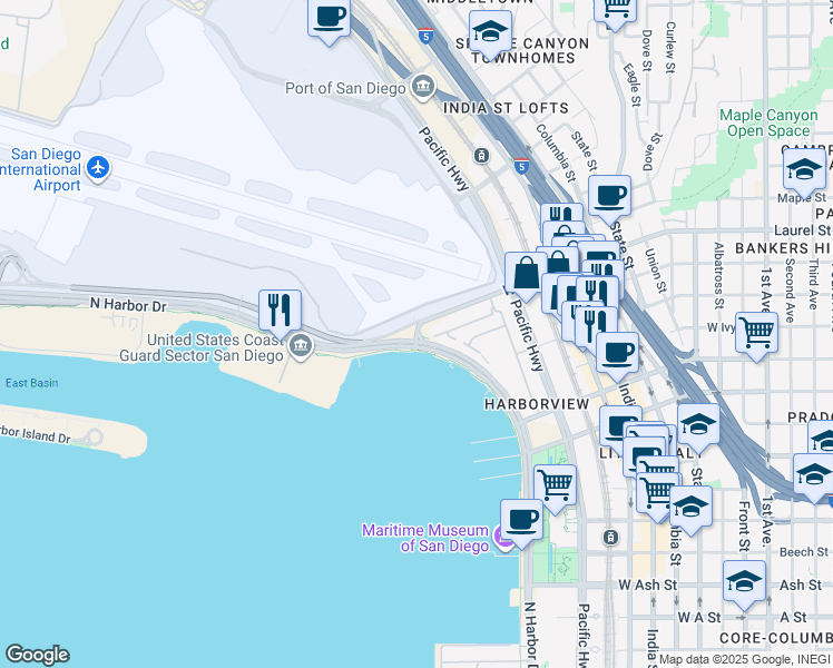 map of restaurants, bars, coffee shops, grocery stores, and more near 2400 West Laurel Street in San Diego