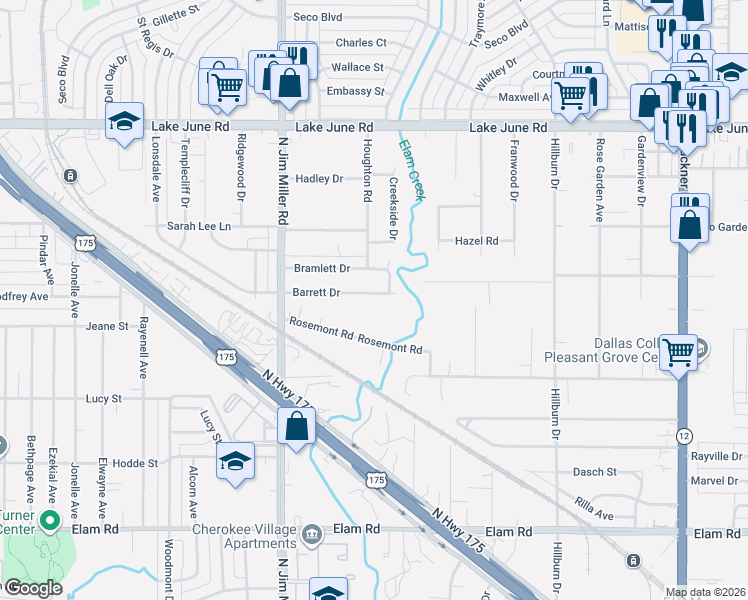 map of restaurants, bars, coffee shops, grocery stores, and more near 7311 Barrett Drive in Dallas