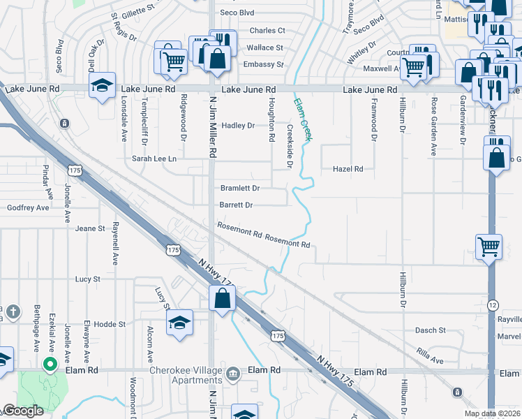 map of restaurants, bars, coffee shops, grocery stores, and more near 7221 Barrett Drive in Dallas