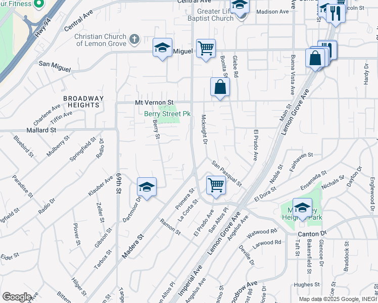 map of restaurants, bars, coffee shops, grocery stores, and more near 2100 Massachusetts Avenue in Lemon Grove