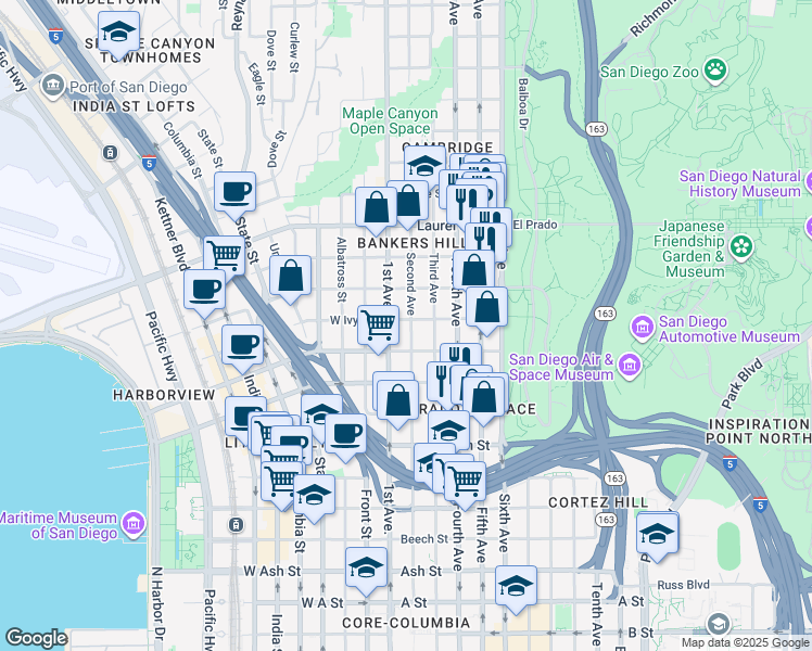 map of restaurants, bars, coffee shops, grocery stores, and more near 130 Ivy Street in San Diego