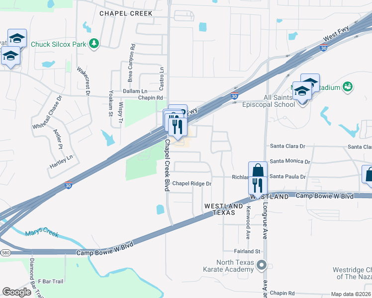 map of restaurants, bars, coffee shops, grocery stores, and more near 10152 Chapel Springs Trail in Fort Worth