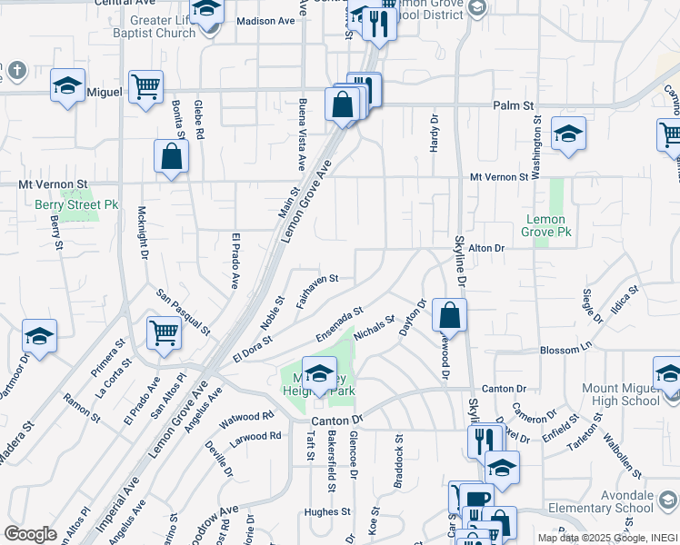 map of restaurants, bars, coffee shops, grocery stores, and more near 2030 Fairhaven Street in Lemon Grove