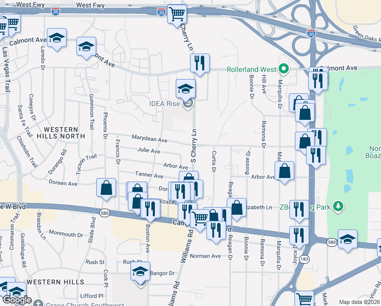 map of restaurants, bars, coffee shops, grocery stores, and more near 3116 South Cherry Lane in Fort Worth