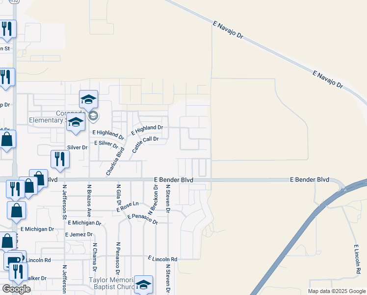 map of restaurants, bars, coffee shops, grocery stores, and more near 2506 North Green Valley Trail in Hobbs