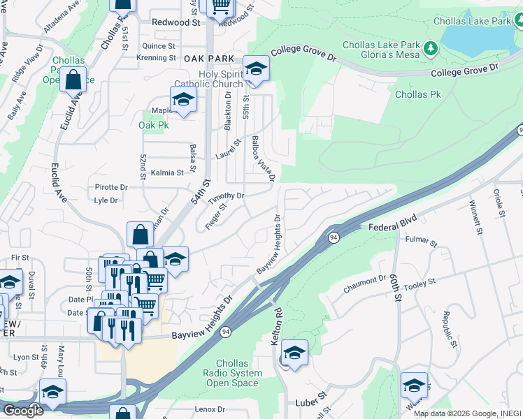map of restaurants, bars, coffee shops, grocery stores, and more near 5550 Grape Street in San Diego