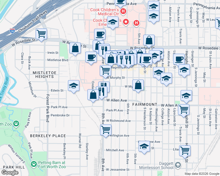 map of restaurants, bars, coffee shops, grocery stores, and more near 1419 Hurley Avenue in Fort Worth