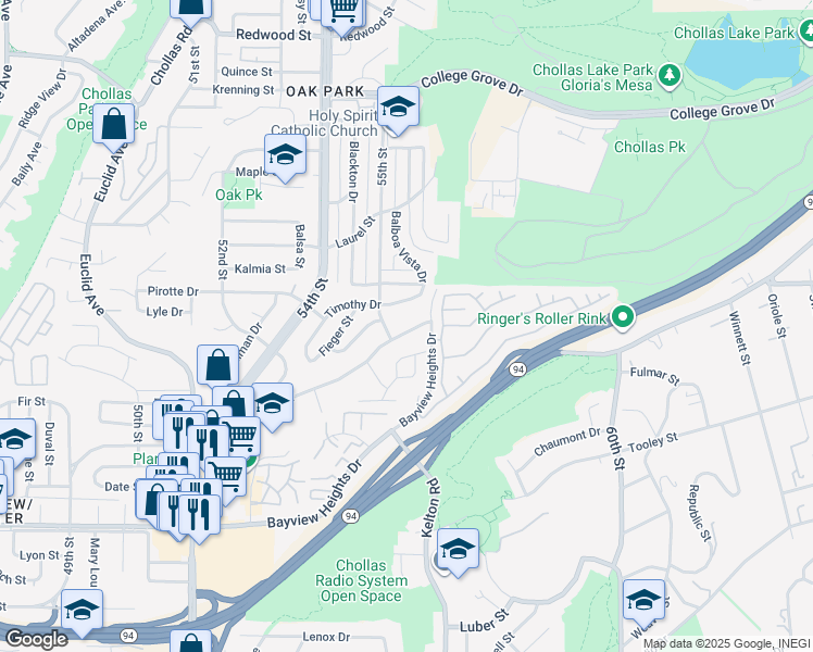 map of restaurants, bars, coffee shops, grocery stores, and more near 5550 Grape Street in San Diego