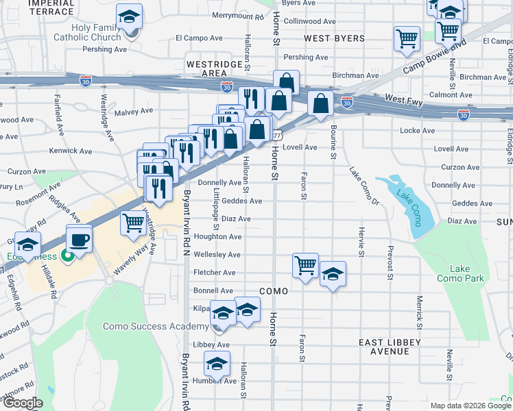 map of restaurants, bars, coffee shops, grocery stores, and more near 5708 Geddes Avenue in Fort Worth