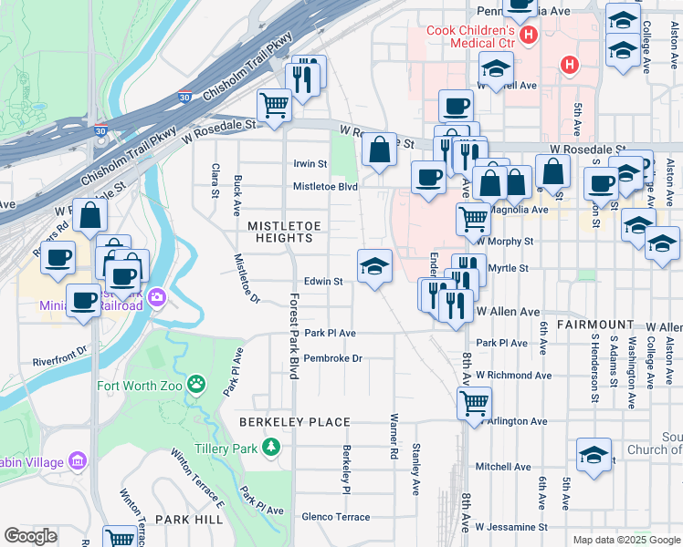 map of restaurants, bars, coffee shops, grocery stores, and more near 2123 Mistletoe Avenue in Fort Worth