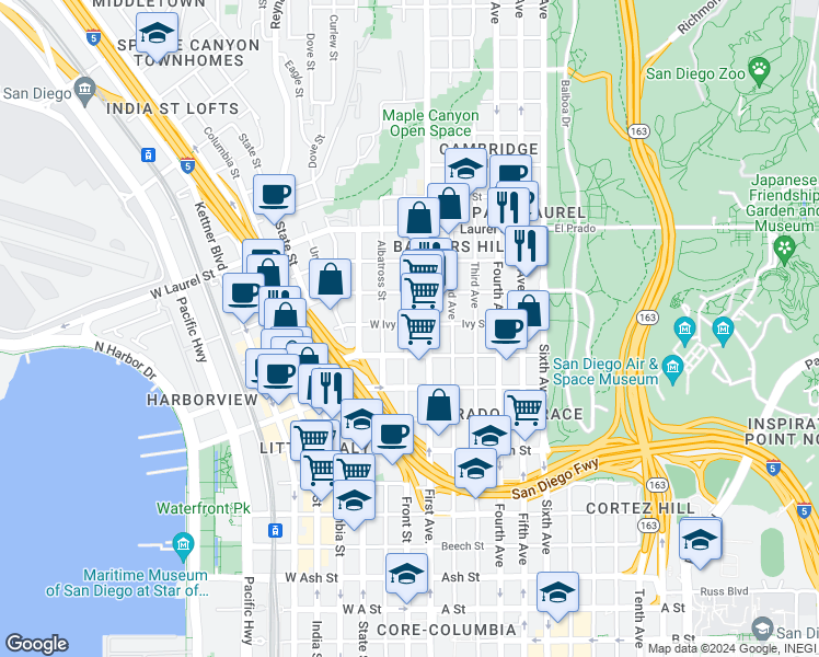 map of restaurants, bars, coffee shops, grocery stores, and more near 147 West Ivy Street in San Diego