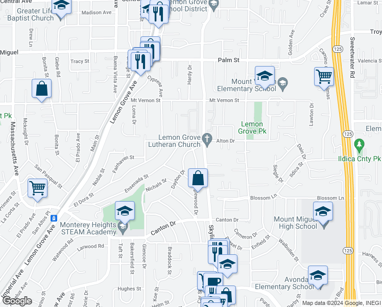 map of restaurants, bars, coffee shops, grocery stores, and more near 2069 Dayton Drive in Lemon Grove