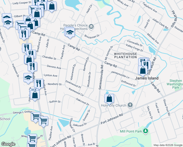 map of restaurants, bars, coffee shops, grocery stores, and more near 1049 Kentwood Circle in Charleston
