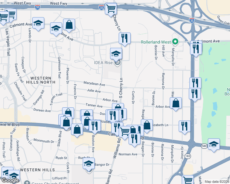 map of restaurants, bars, coffee shops, grocery stores, and more near 3104 Karen Street in Fort Worth