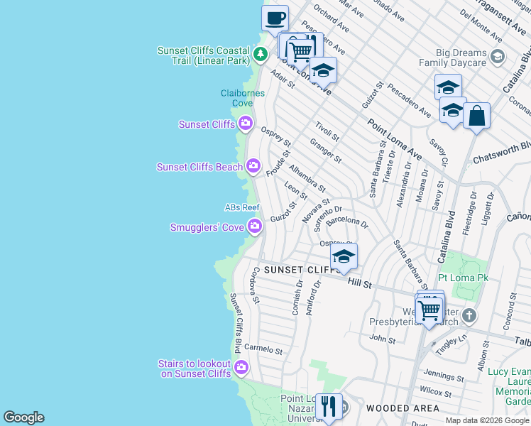 map of restaurants, bars, coffee shops, grocery stores, and more near 1059 Sunset Cliffs Boulevard in San Diego