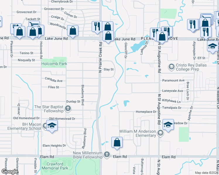 map of restaurants, bars, coffee shops, grocery stores, and more near 930 North Prairie Creek Road in Dallas