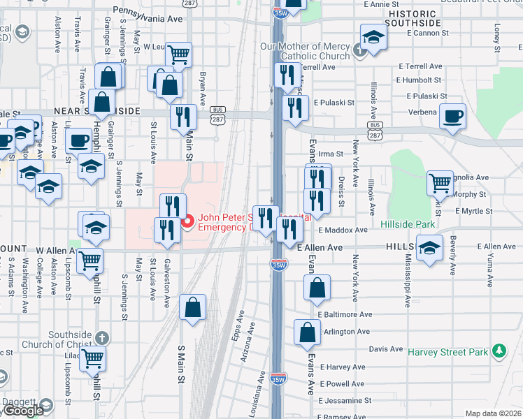map of restaurants, bars, coffee shops, grocery stores, and more near 1409 Arizona Avenue in Fort Worth