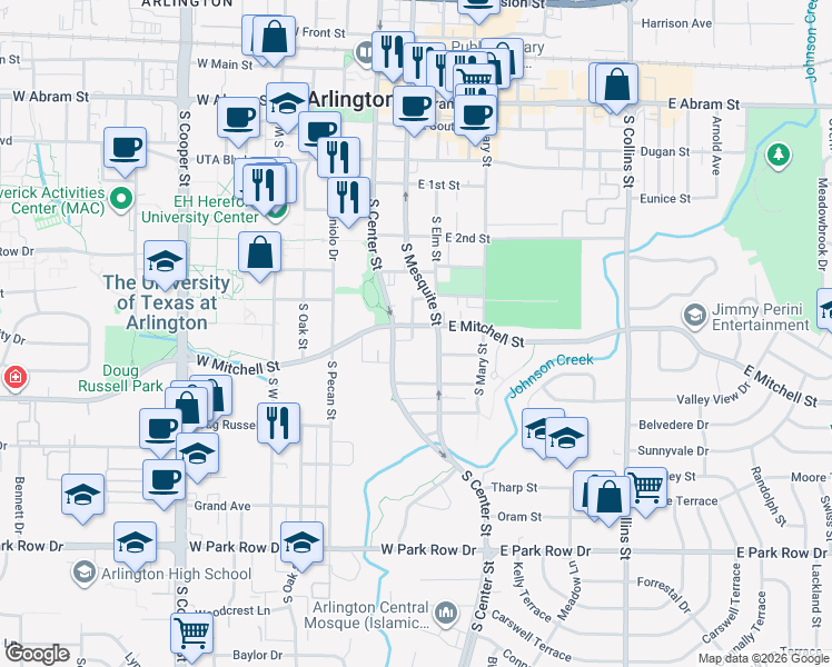 map of restaurants, bars, coffee shops, grocery stores, and more near 907 East Glenn Crossett Street in Arlington