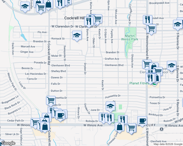 map of restaurants, bars, coffee shops, grocery stores, and more near 3845 Shelley Boulevard in Dallas