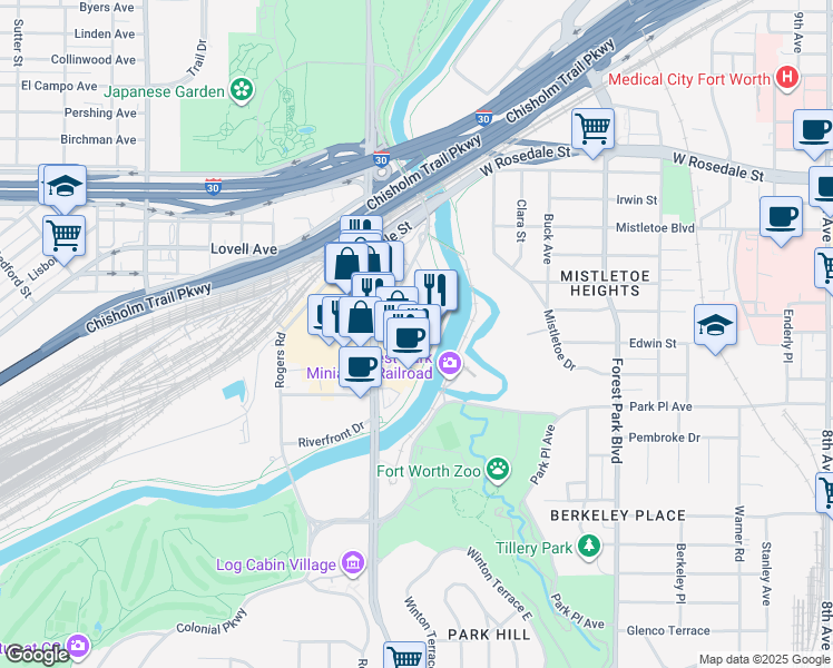map of restaurants, bars, coffee shops, grocery stores, and more near 1601 River Run in Fort Worth