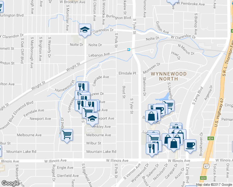 map of restaurants, bars, coffee shops, grocery stores, and more near Pioneer Drive in Dallas