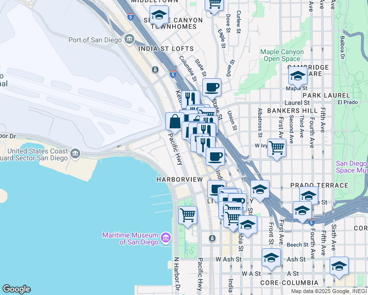 map of restaurants, bars, coffee shops, grocery stores, and more near 2353 Pacific Highway in San Diego