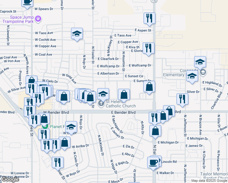 map of restaurants, bars, coffee shops, grocery stores, and more near 2400 North McKinley Street in Hobbs