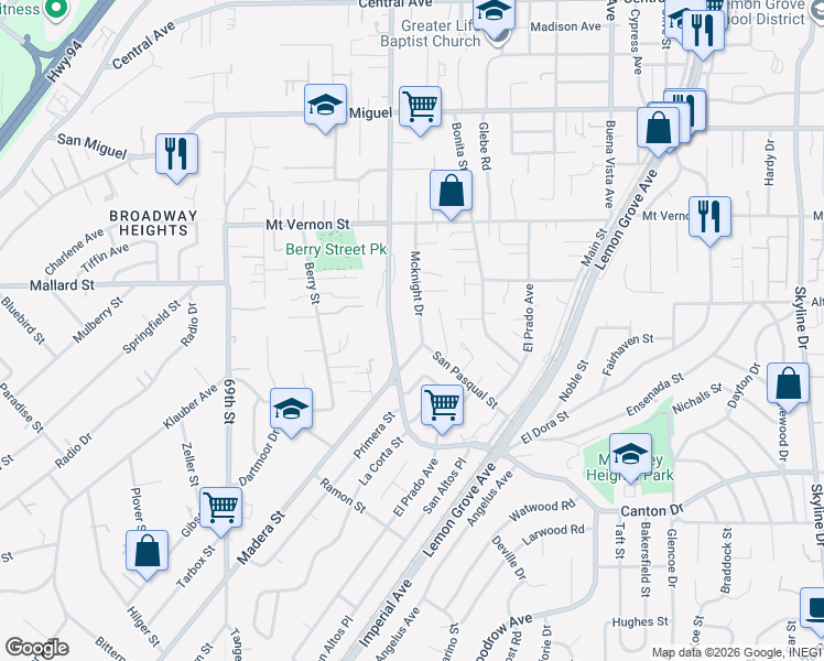map of restaurants, bars, coffee shops, grocery stores, and more near 2172 Mcknight Drive in Lemon Grove