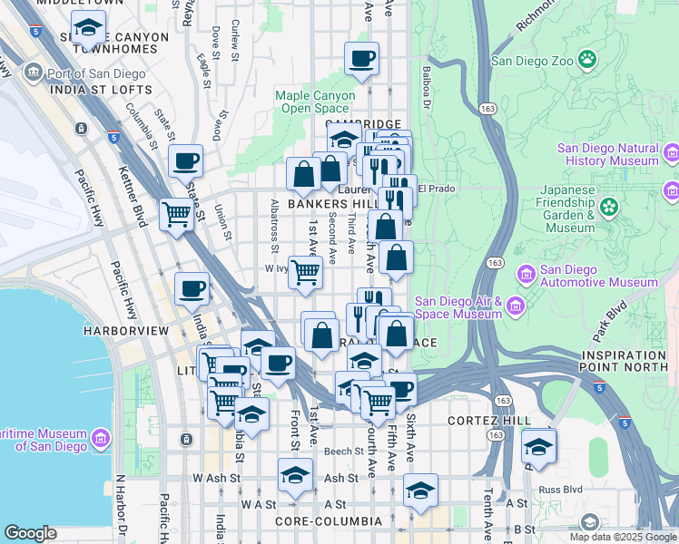 map of restaurants, bars, coffee shops, grocery stores, and more near 304 Ivy Street in San Diego