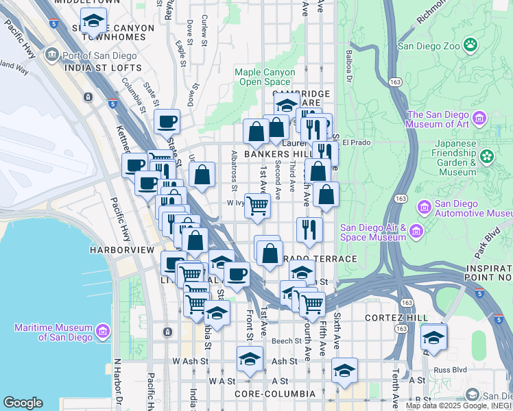 map of restaurants, bars, coffee shops, grocery stores, and more near in San Diego