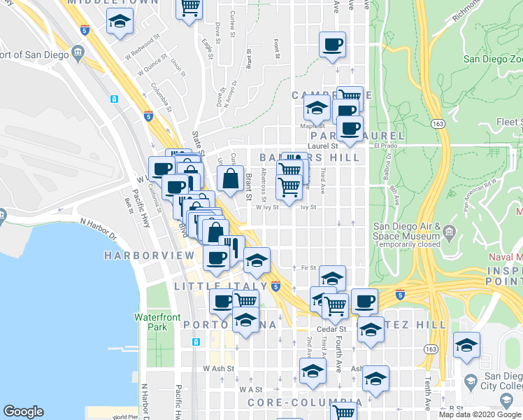 map of restaurants, bars, coffee shops, grocery stores, and more near 6 Brant Street in San Diego