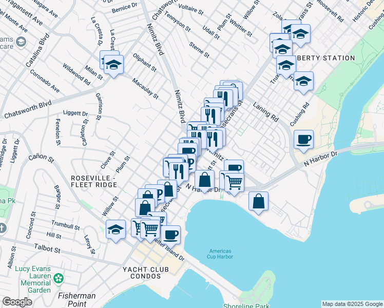 map of restaurants, bars, coffee shops, grocery stores, and more near 1666 Rosecrans Street in San Diego