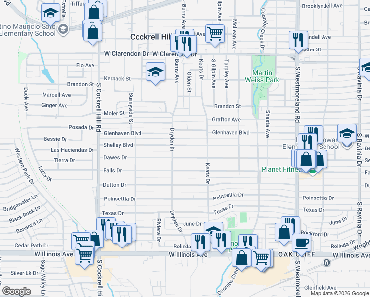 map of restaurants, bars, coffee shops, grocery stores, and more near 3845 Shelley Boulevard in Dallas
